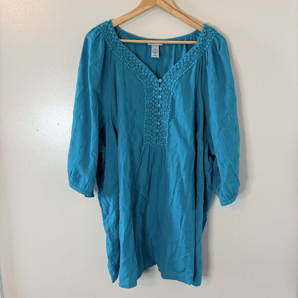 Catherines Turquoise Peasant Top Crochet Detail 3/4 Sleeves Mature Blouse Sz 4X - Picture 1 of 9
